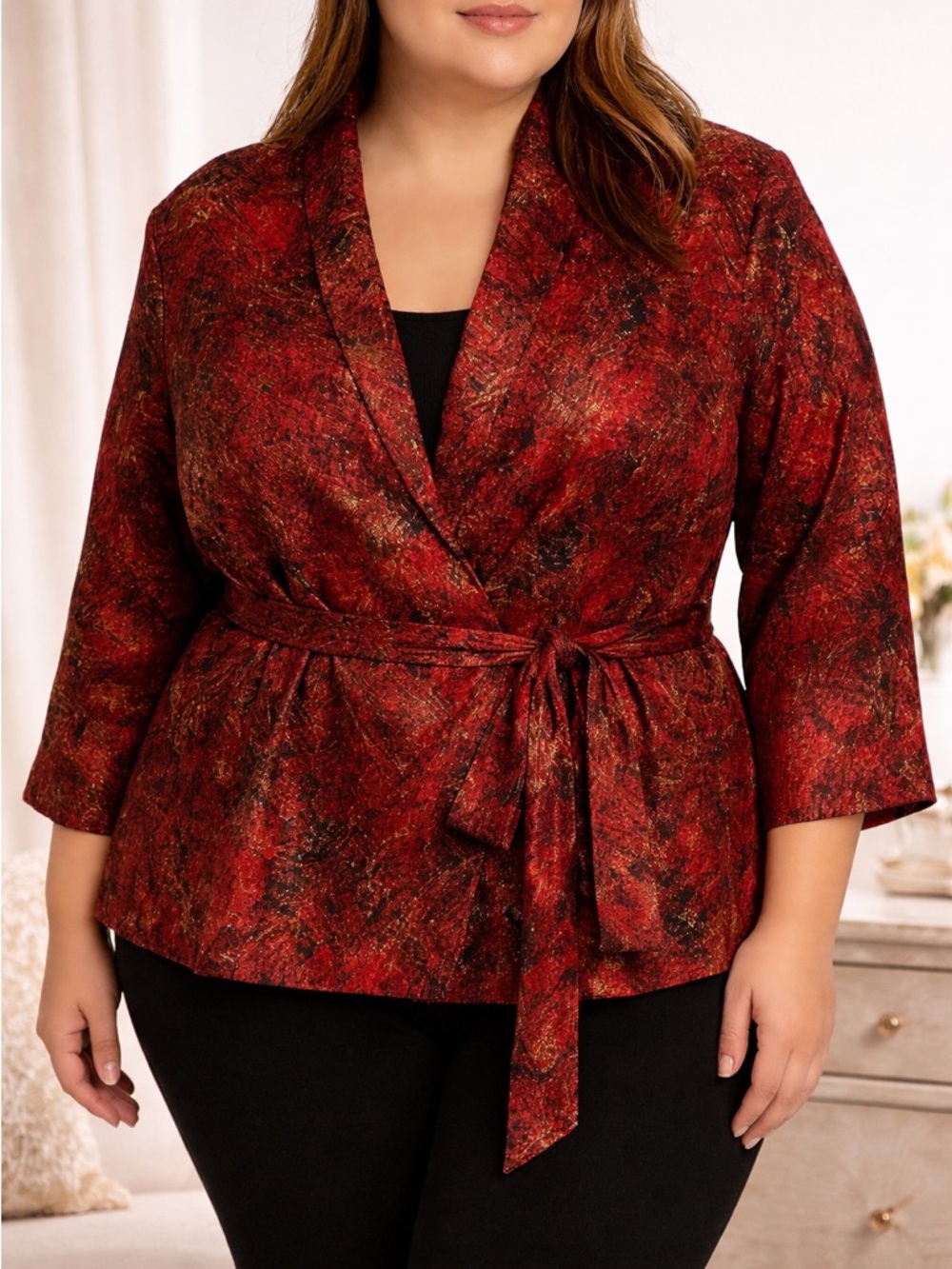 Catherines Added Dimensions 4X Red Gold Belted Jacket Plus Size Wrap Blazer Top